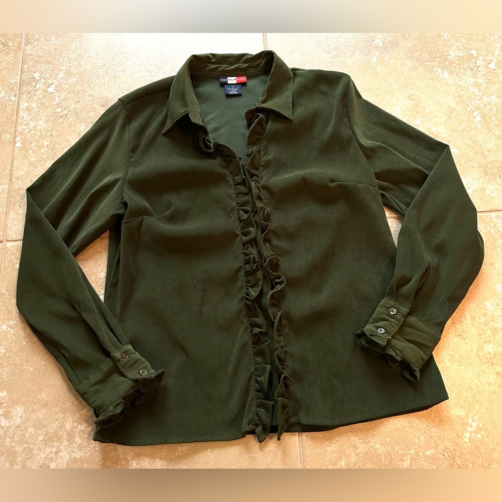 French Kuff Women’s Forest Green Ruffled Long Sleeve Blouse - Size 10